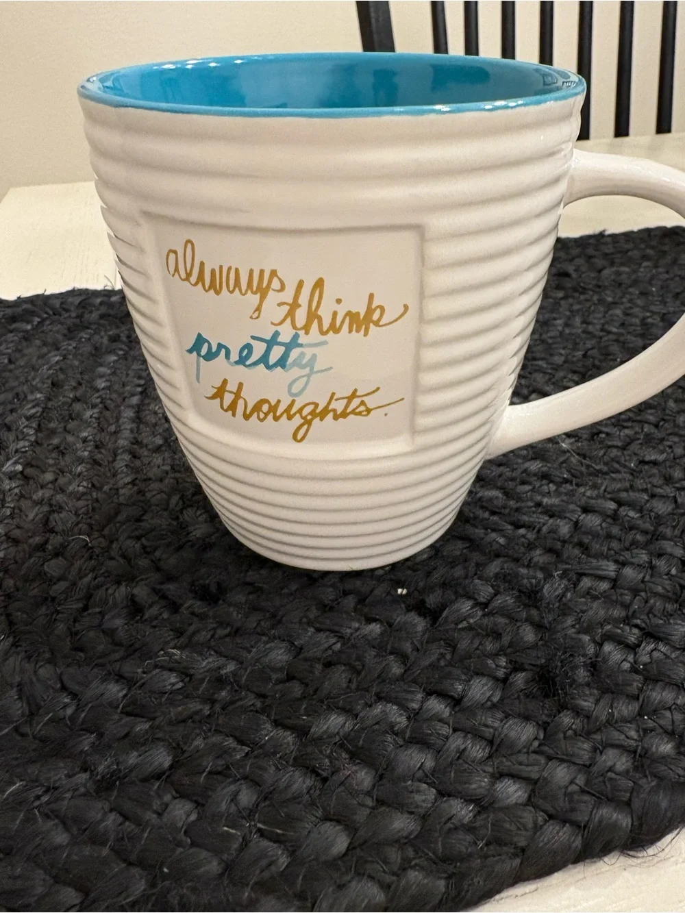 Ceramic White Mug with Turquoise Interior - Inspirational Gold Script
